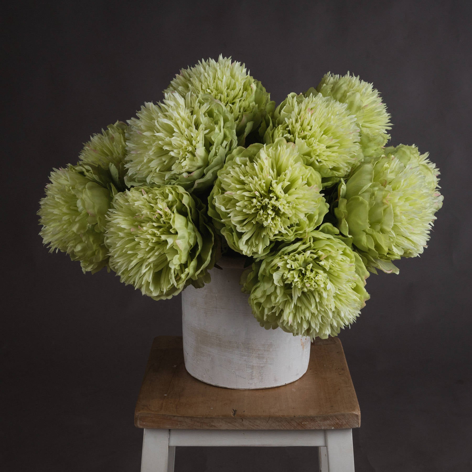 Bouquet of green flowers in a white vase on a wooden stool against a dark background