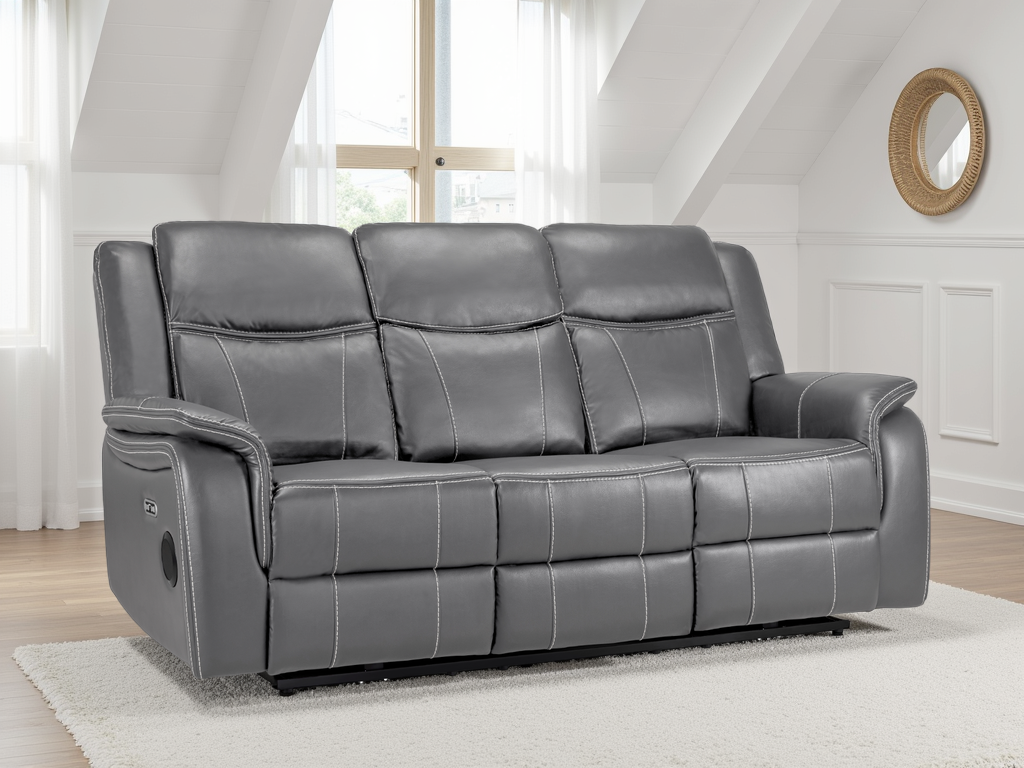 Galaxy Tech Electric Recliner 3 Seater Grey Leather