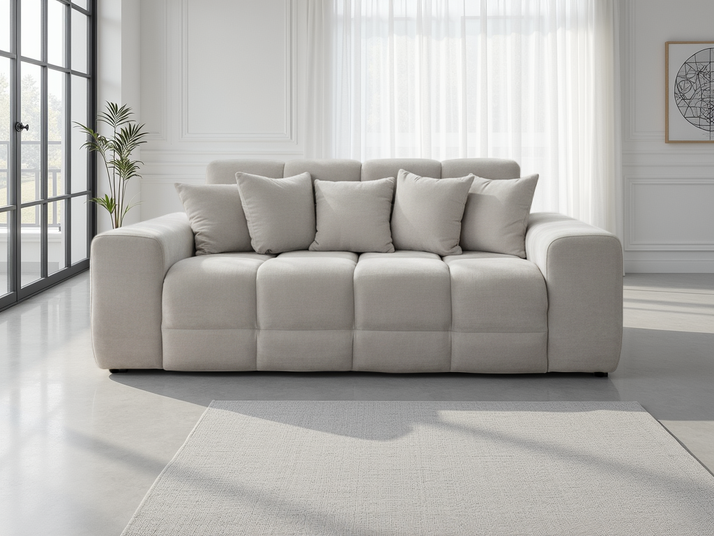 Beige sofa with cushions in a bright living room