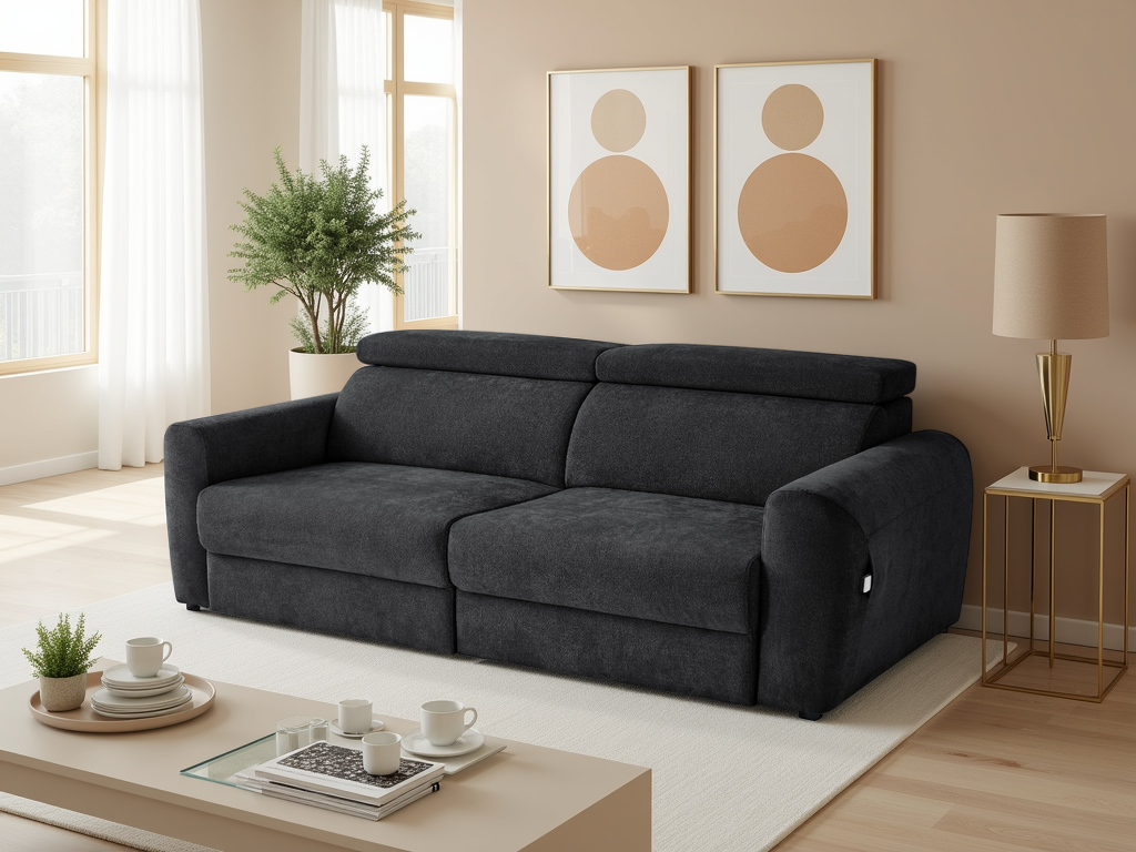 Gray sofa in a living room with a coffee table, lamp, and decorative items.