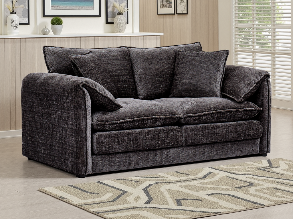 Gray sofa in a living room setting with decor elements.