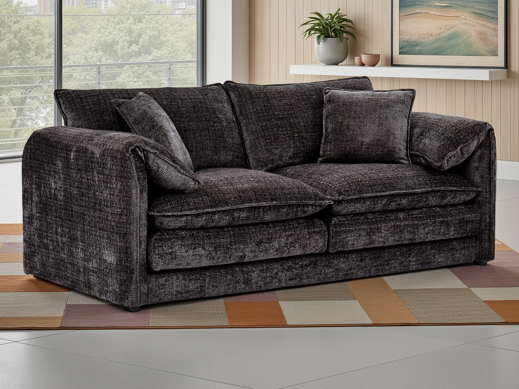 Gray sofa in a living room with a colorful rug and window in the background