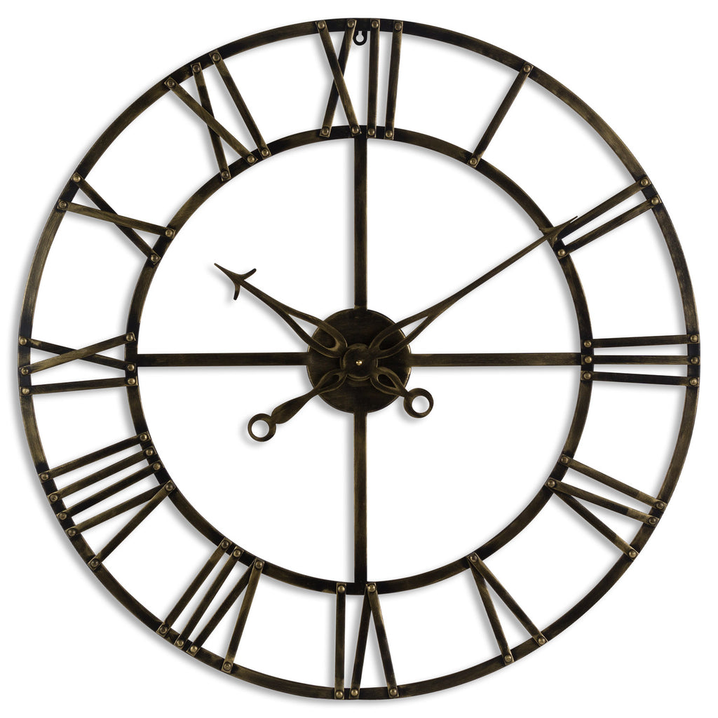 Large round wall clock with Roman numeral markers on a white background