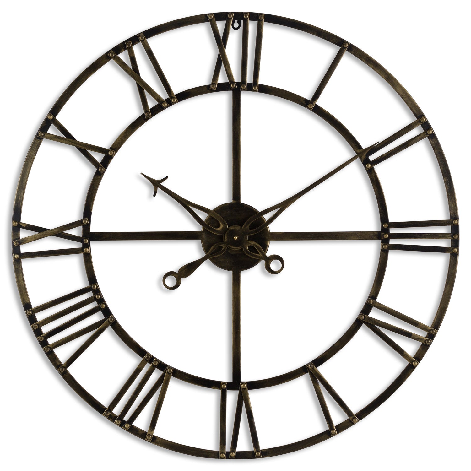Large round wall clock with Roman numeral markers on a white background