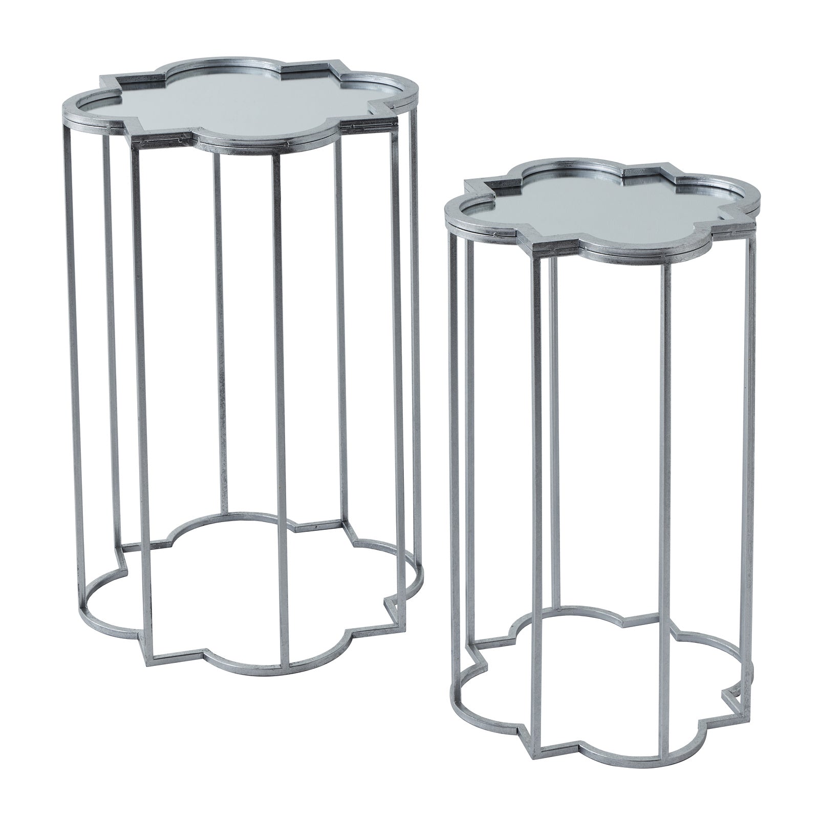 Set of two silver side tables with mirror tops on a white background