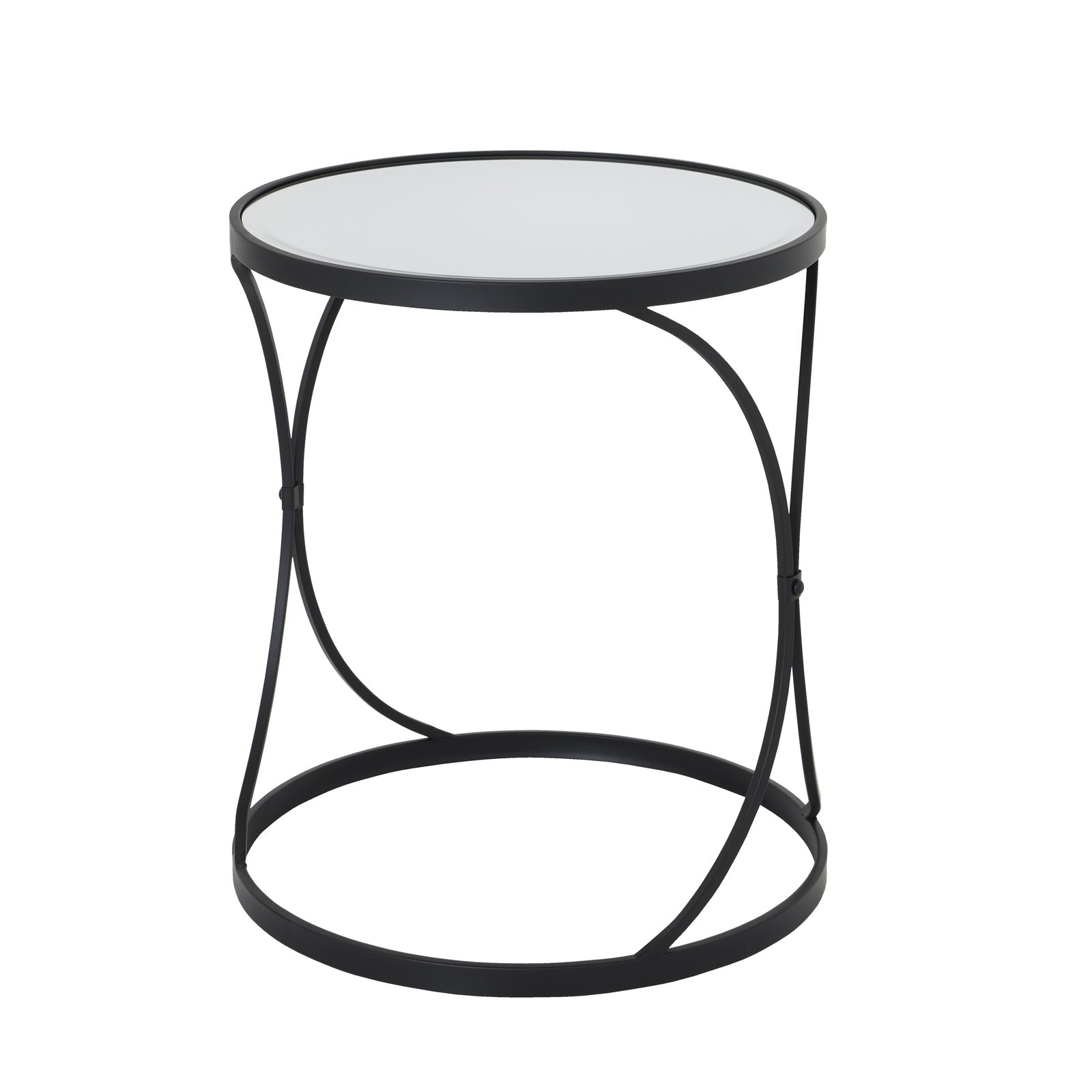 Small round glass table with black metal frame on a white background