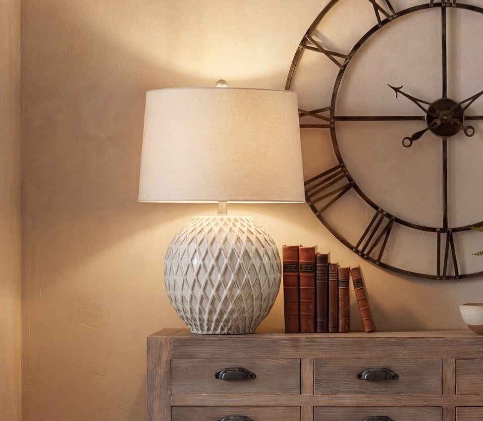 Lattice Ceramic Table Lamp With Linen Shade