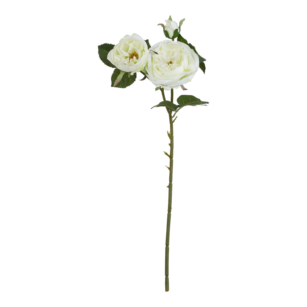 Artificial flower stem with white roses on a white background