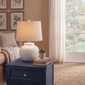 Squat White Beaded Ceramic Lamp With Linen Shade - Main product image | LA Home Decor