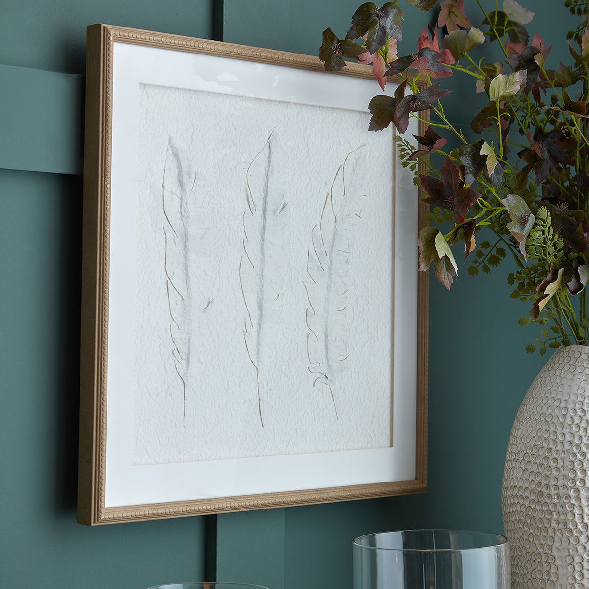 Solli White Feathers Art Mounted In Beaded Frame by Hill Interiors