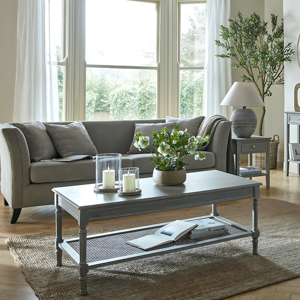 Living room with a gray sofa, coffee table, and decorative items.
