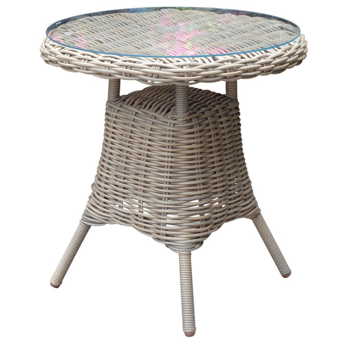 Wicker side table with a glass top on a white background