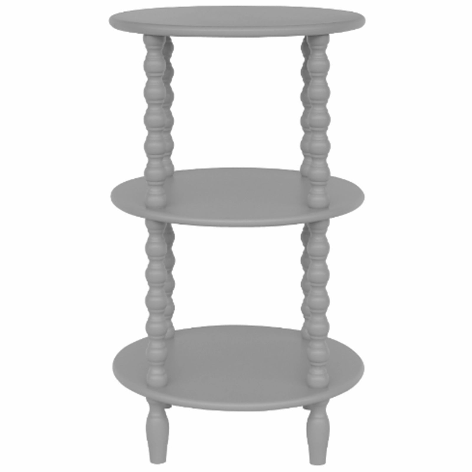Gray three-tiered round shelf with spiral design on a white background