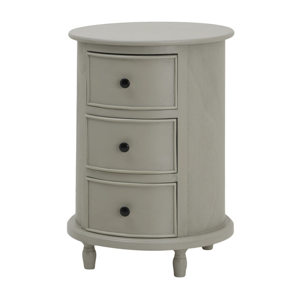 Round gray nightstand with three drawers on a white background