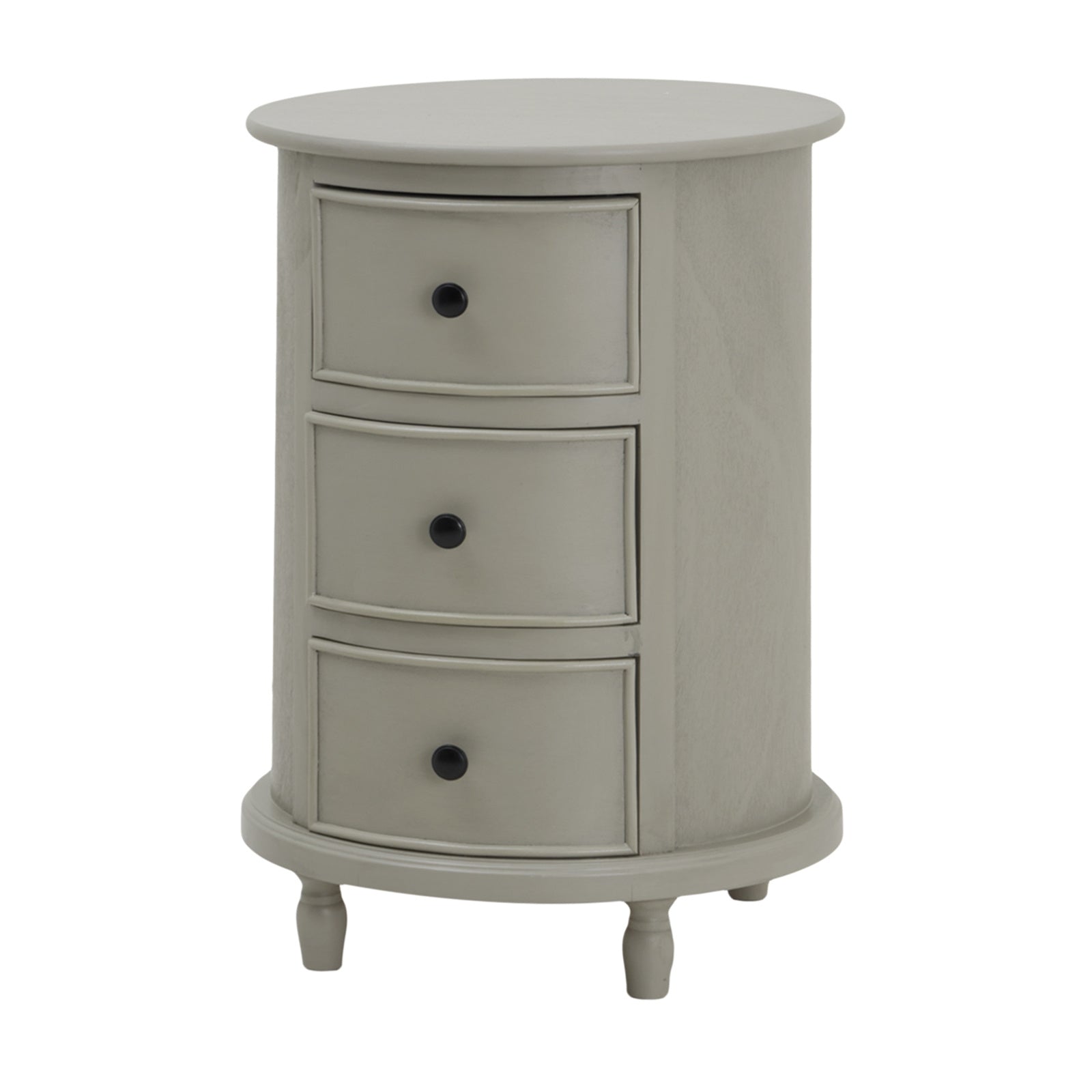 Round gray nightstand with three drawers on a white background