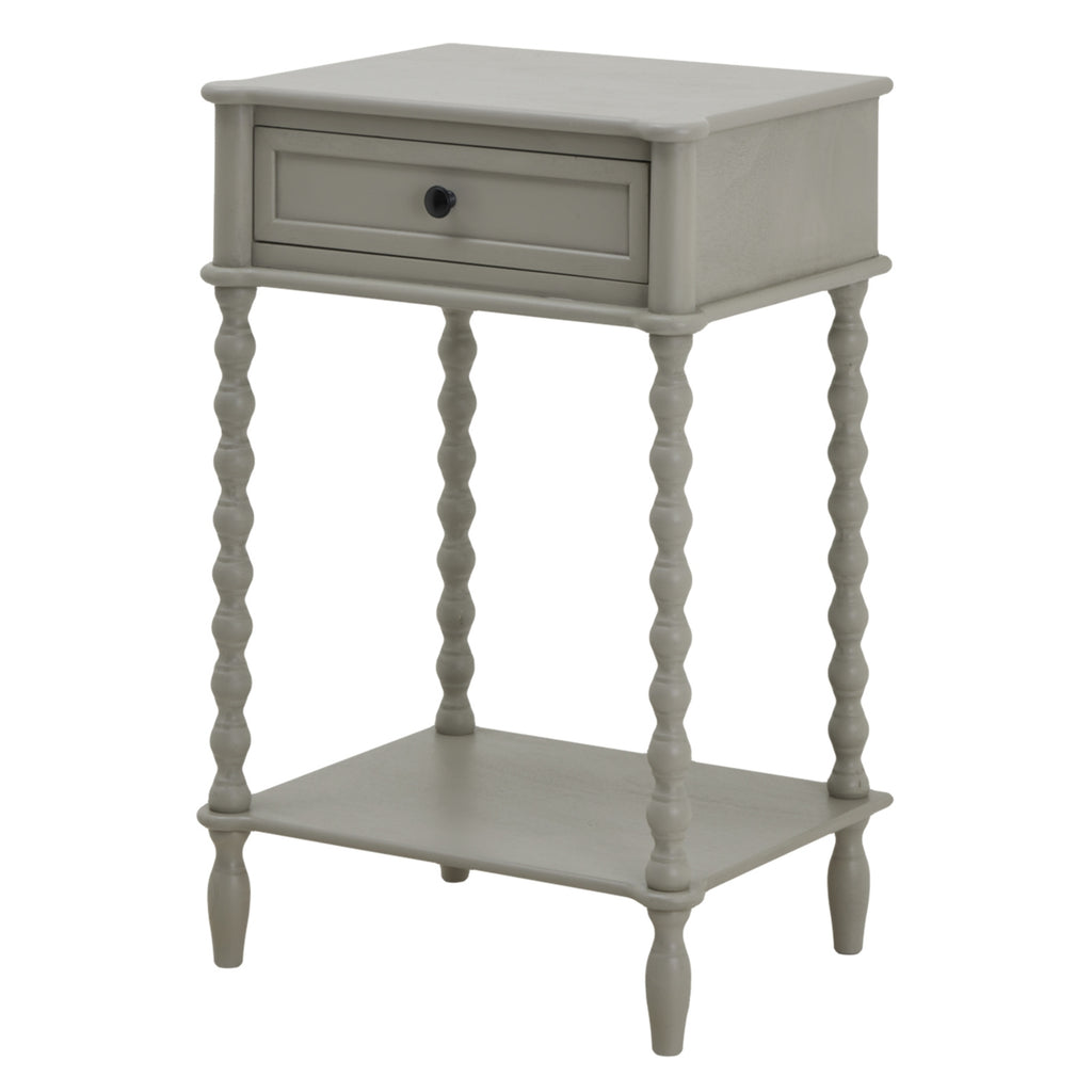 Gray side table with a drawer and shelf on a white background