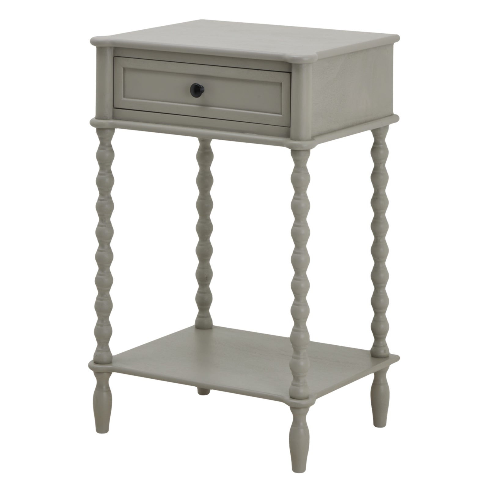 Gray side table with a drawer and shelf on a white background