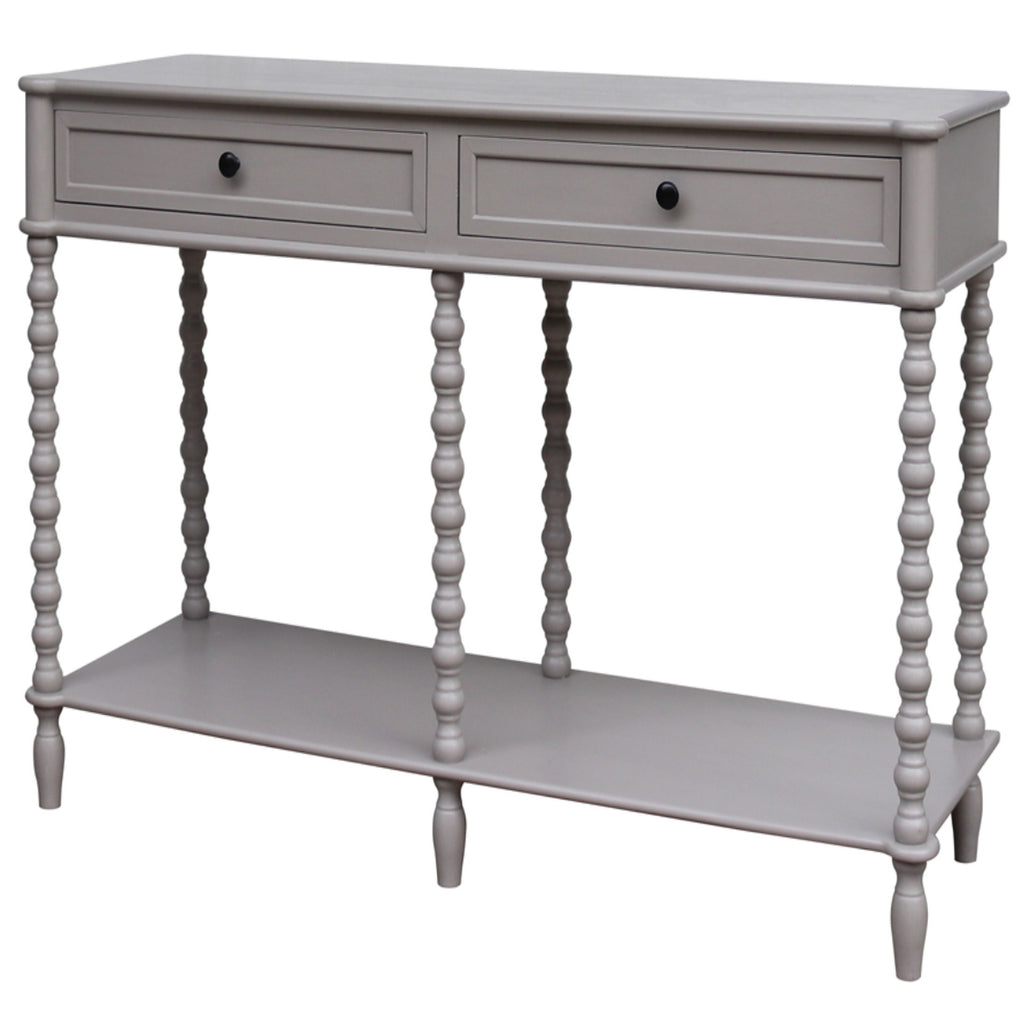 Gray console table with two drawers and a shelf on a white background