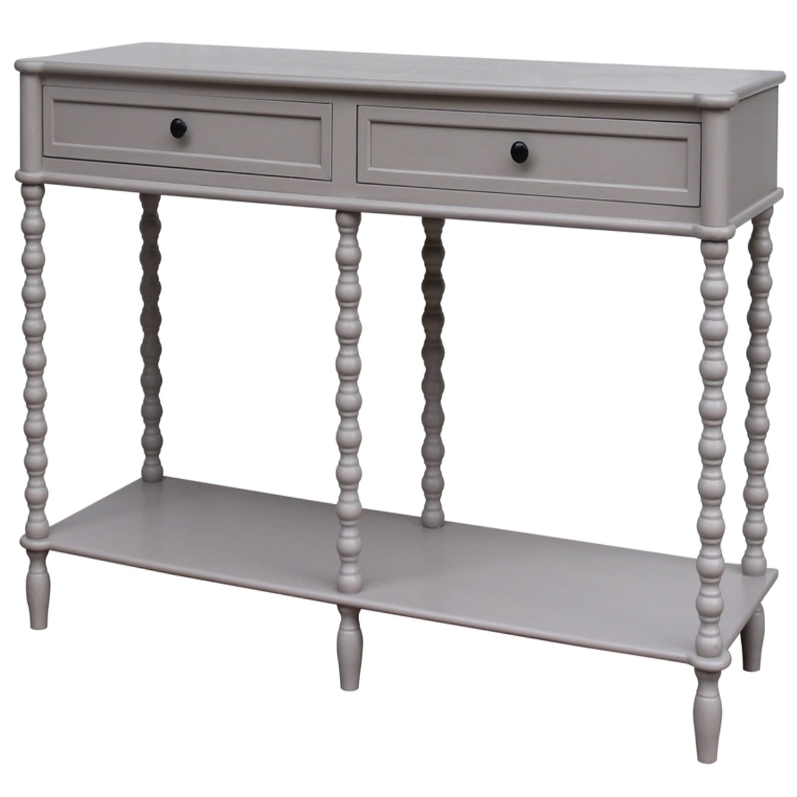 Gray console table with two drawers and a shelf on a white background
