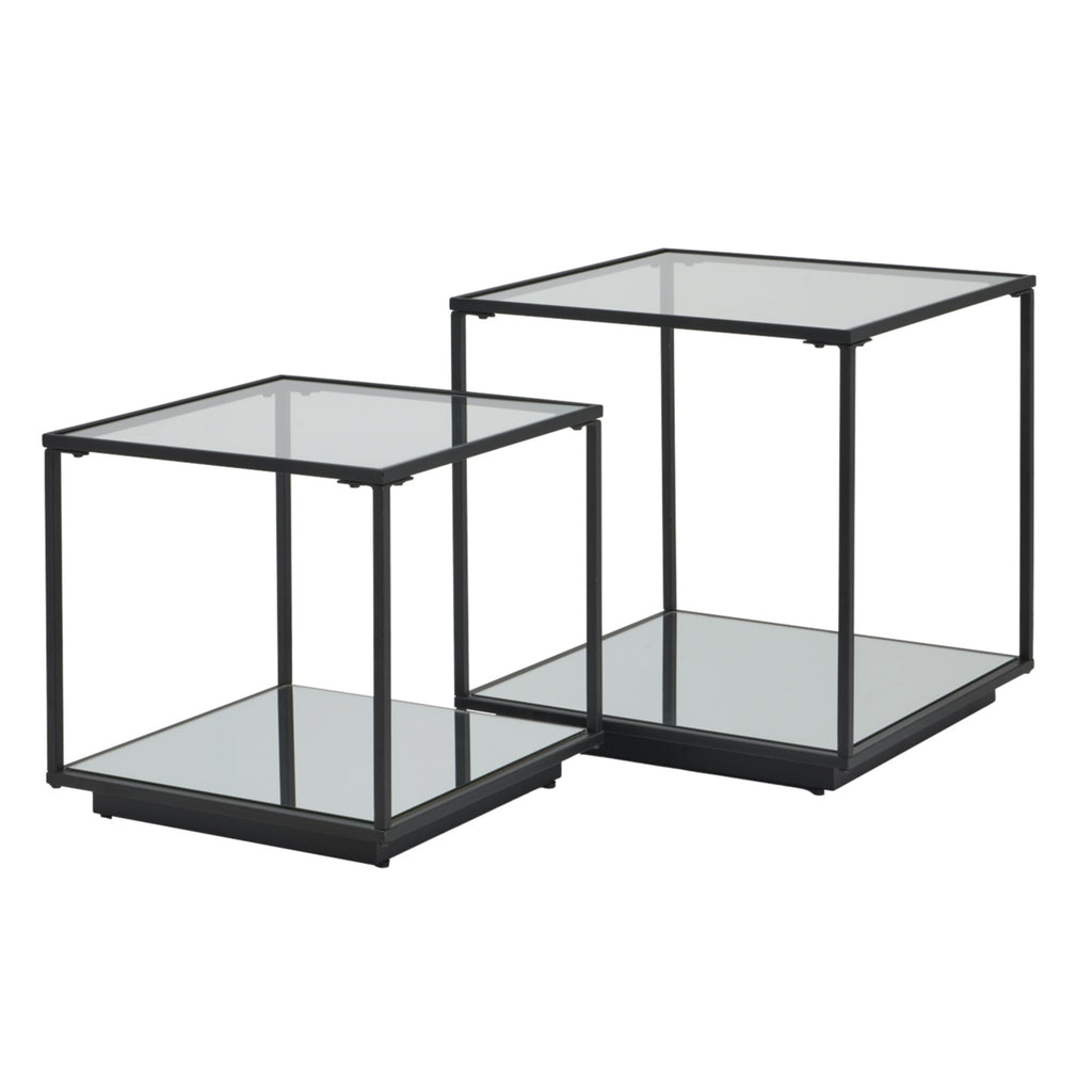 Set of two glass side tables with black metal frames on a white background