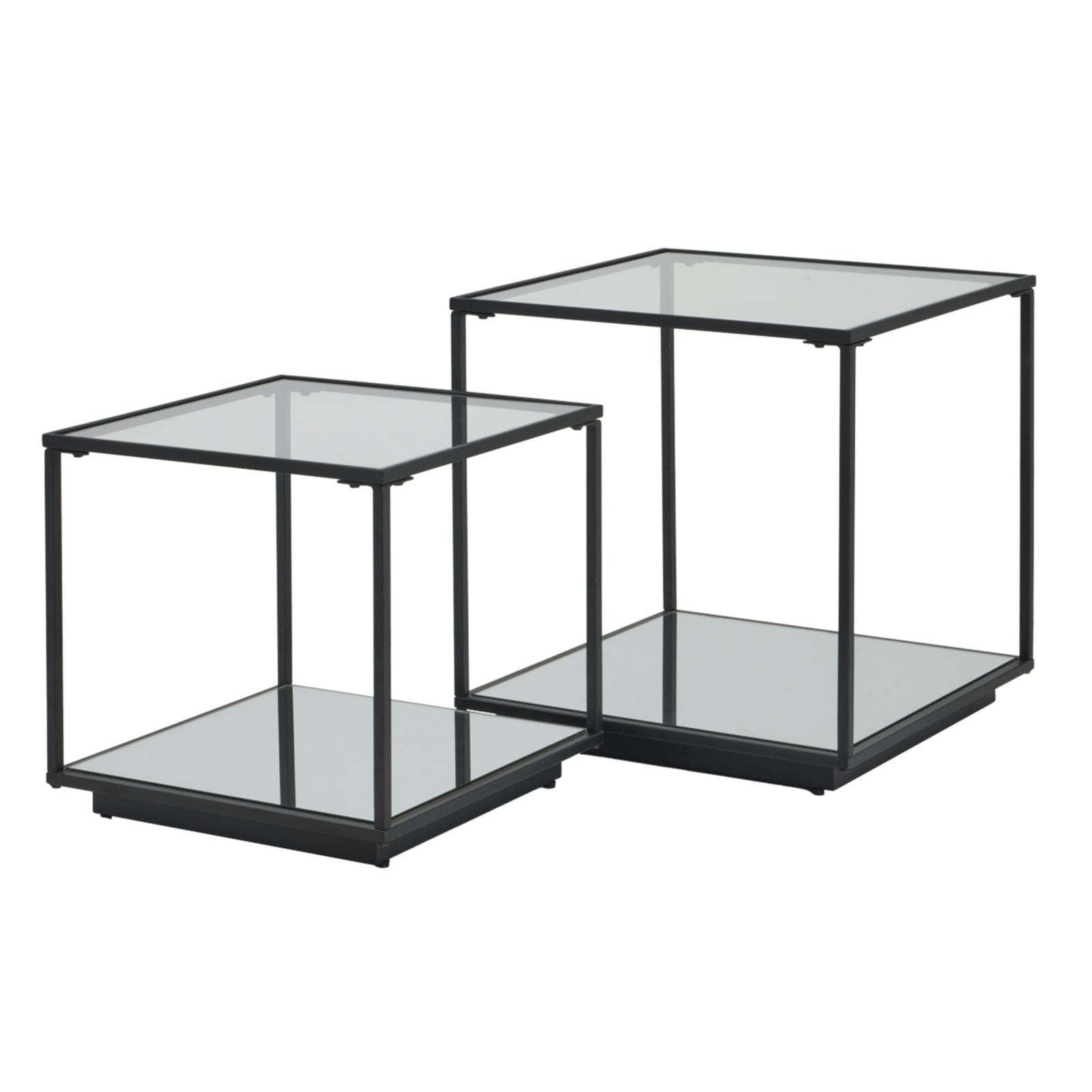 Set of two glass side tables with black metal frames on a white background