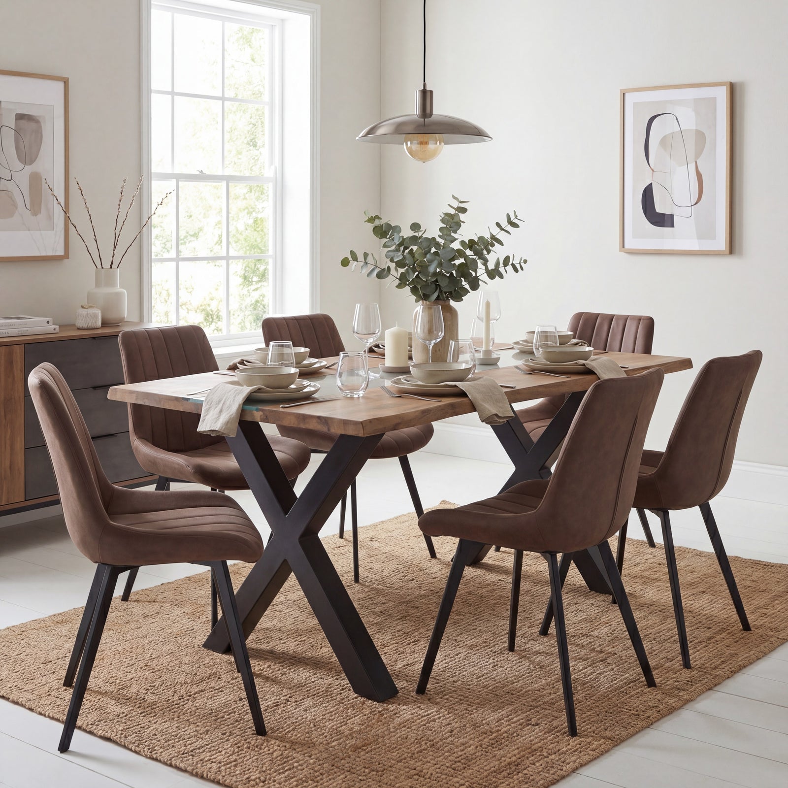 Dining room with a wooden table and brown chairs on a beige rug.