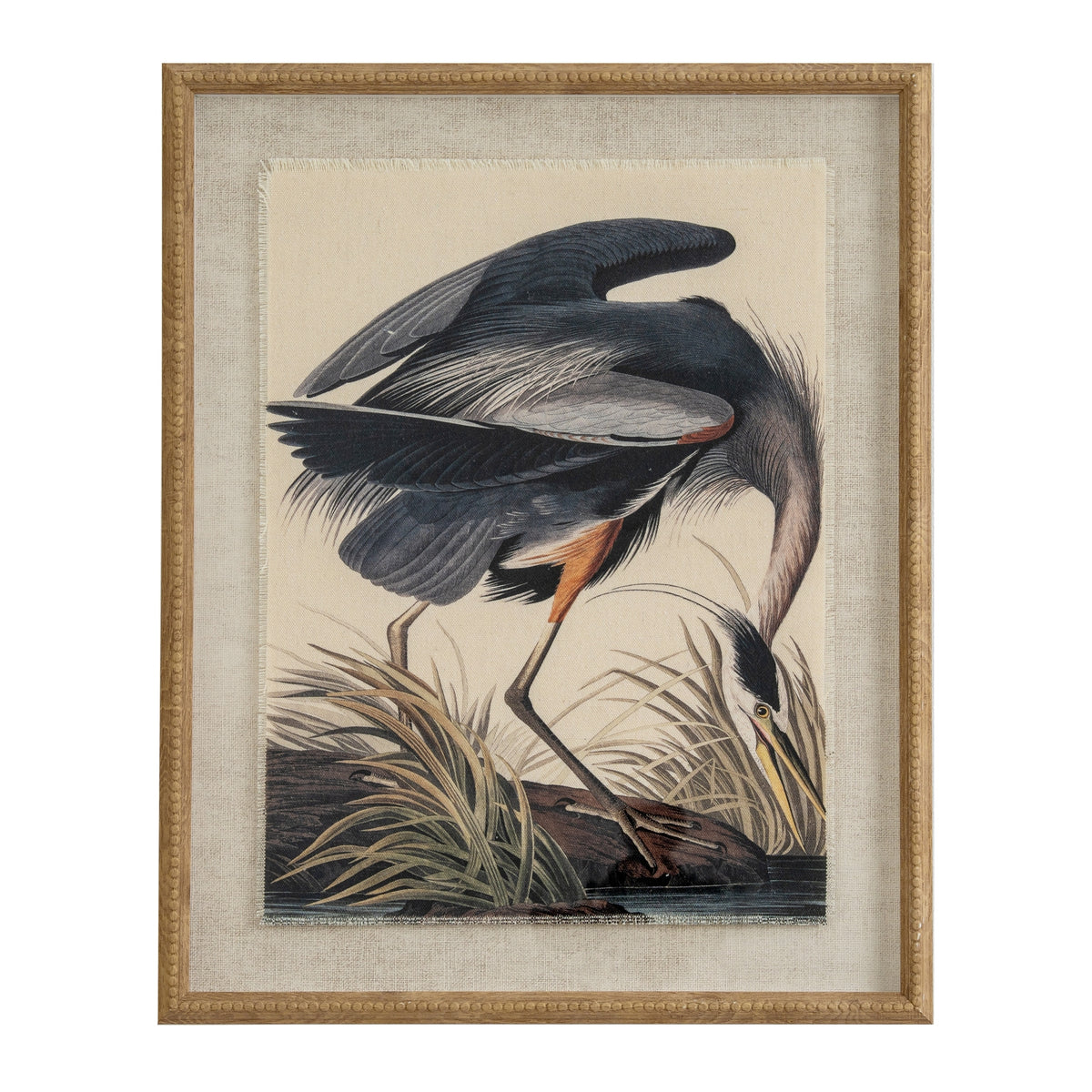 Flora & Fauna Collection Heron On Linen In Beaded Frame by Hill Interiors