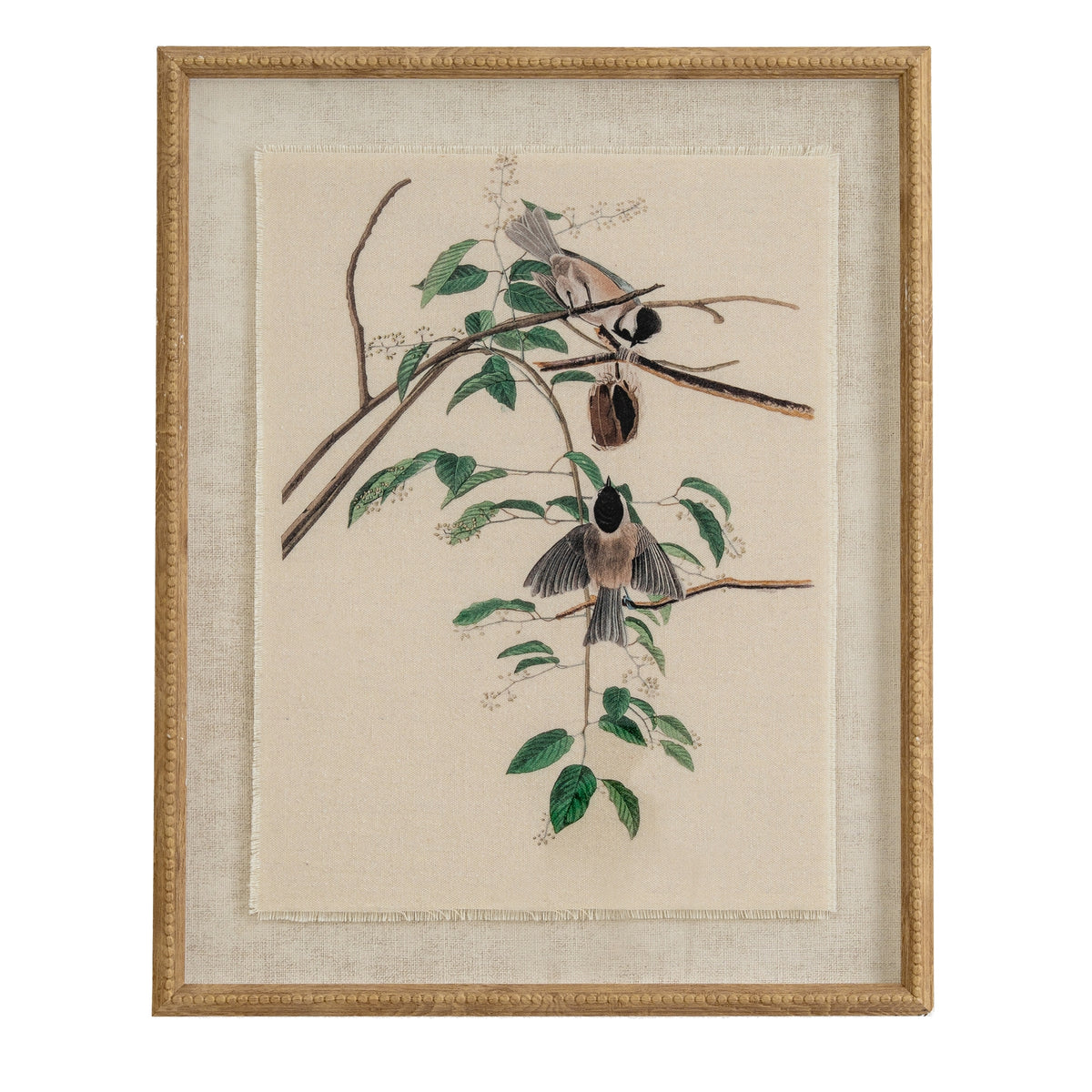 Flora & Fauna Collection Chickadees On Linen In Beaded Frame by Hill Interiors