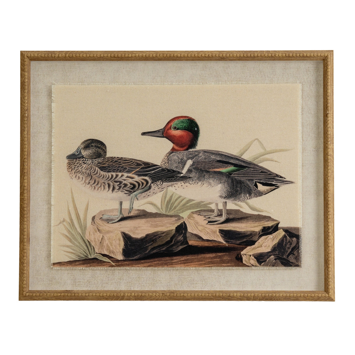 Flora & Fauna Collection Teals On Linen In Beaded Frame by Hill Interiors