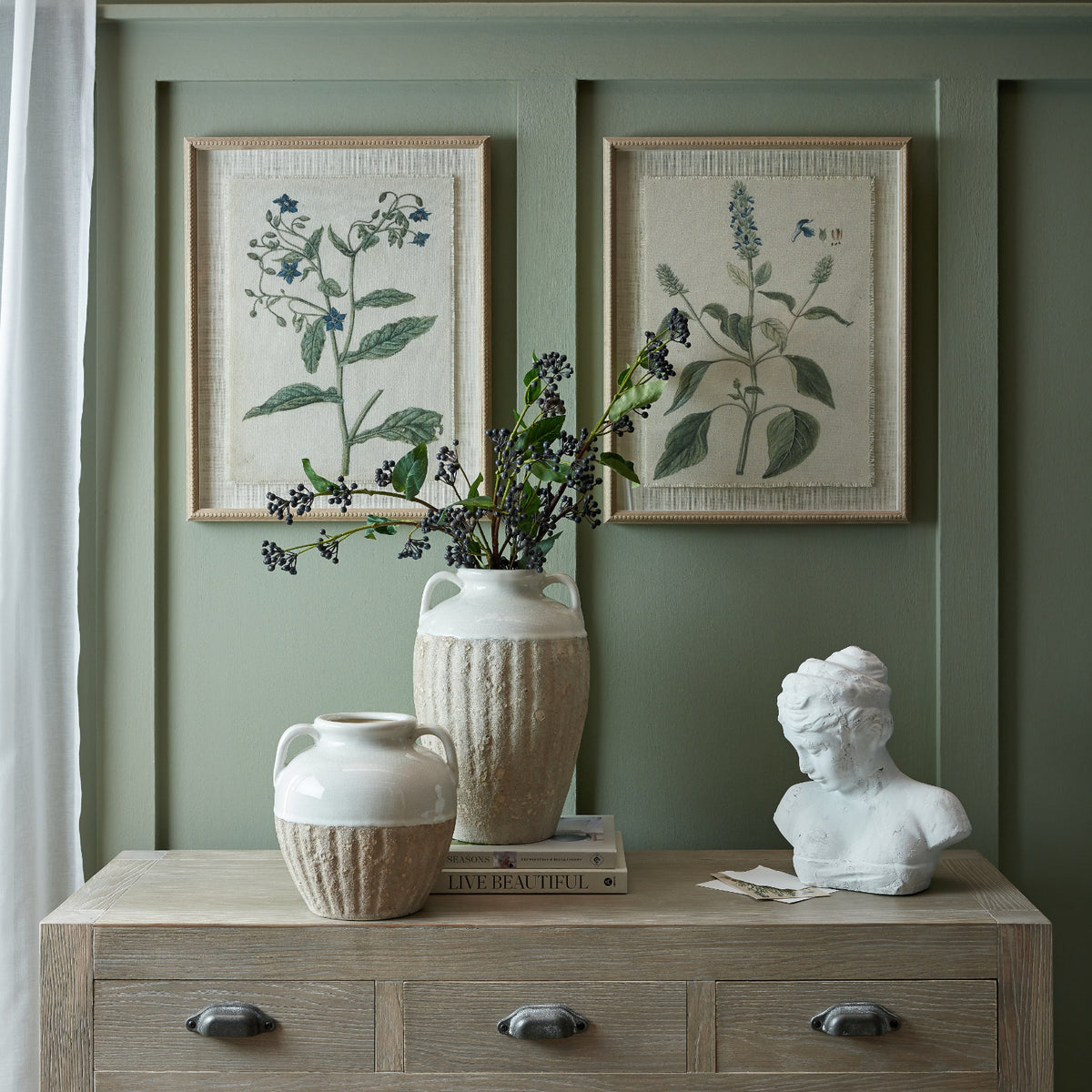 Flora & Fauna Collection Borage On Linen In Beaded Frame by Hill Interiors