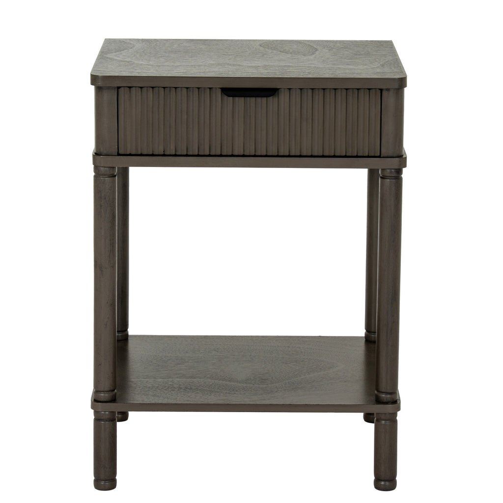 Wooden side table with a drawer and shelf on a white background