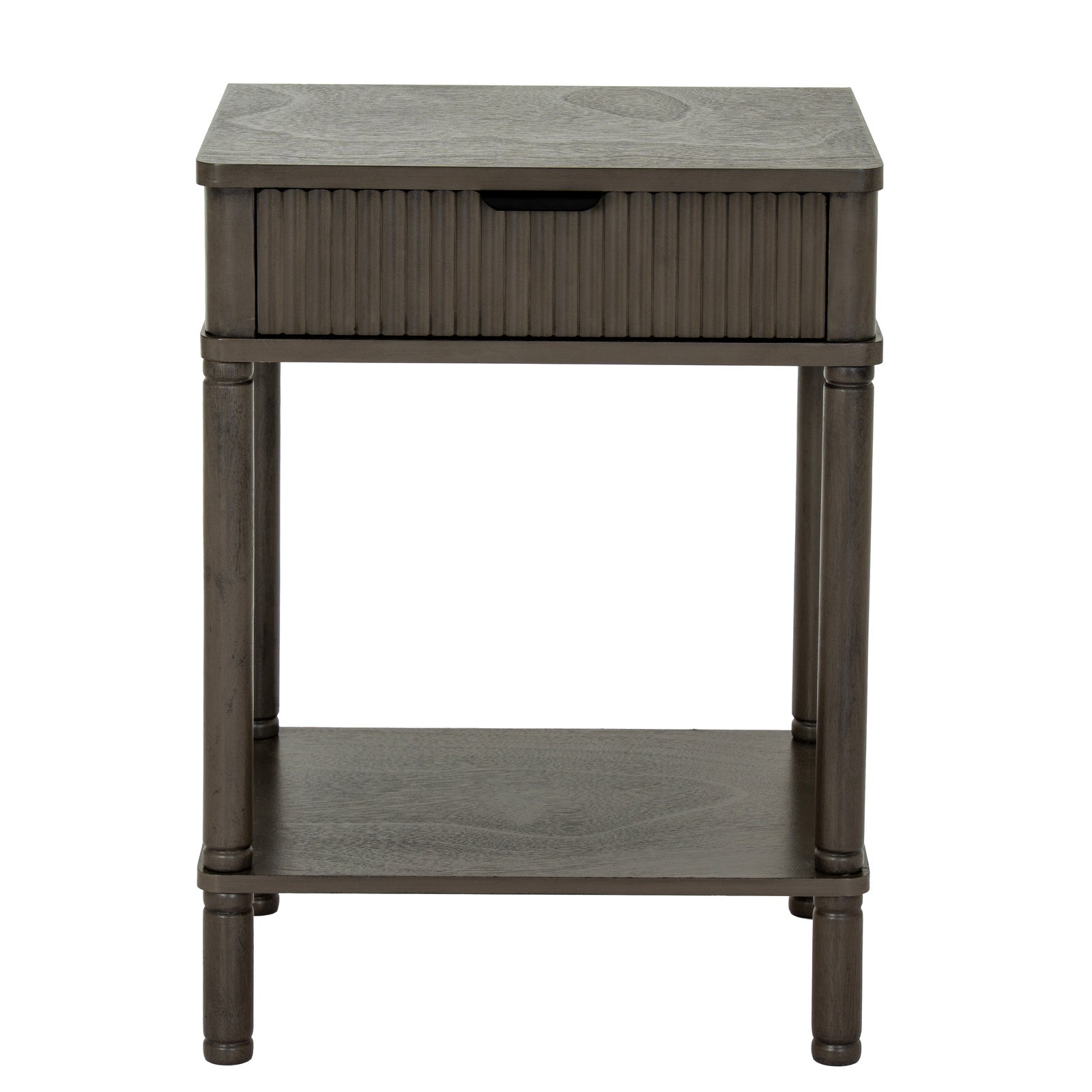 Wooden side table with a drawer and shelf on a white background