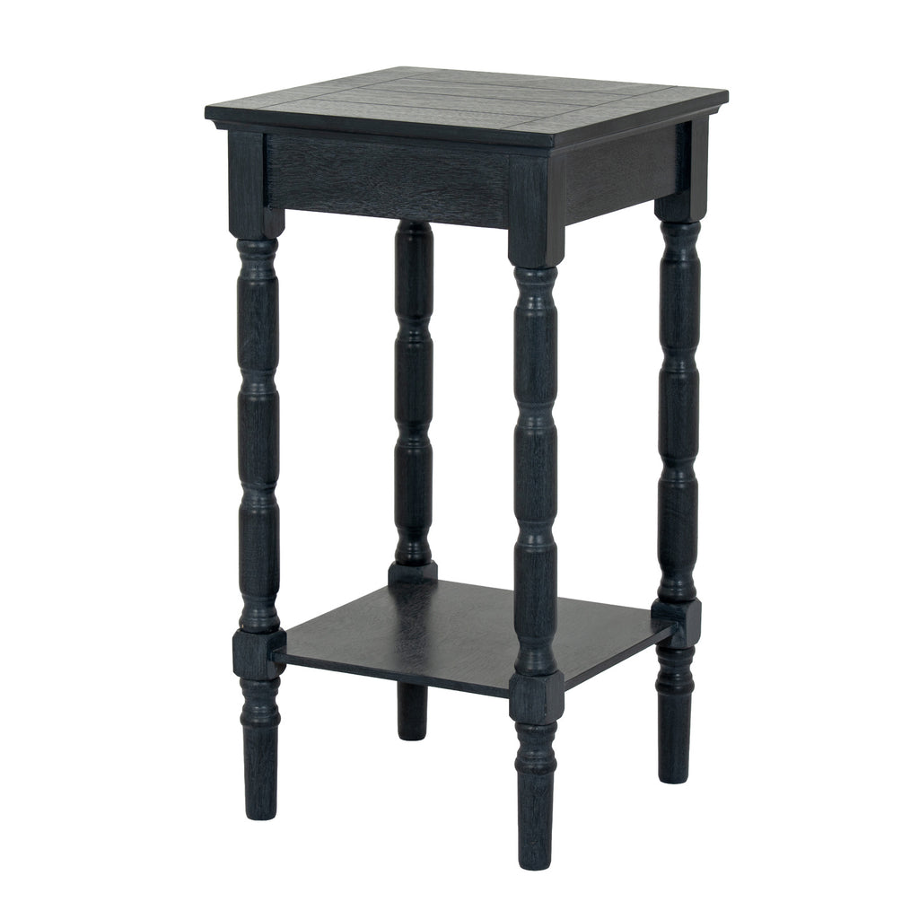 Black wooden side table with two shelves on a white background