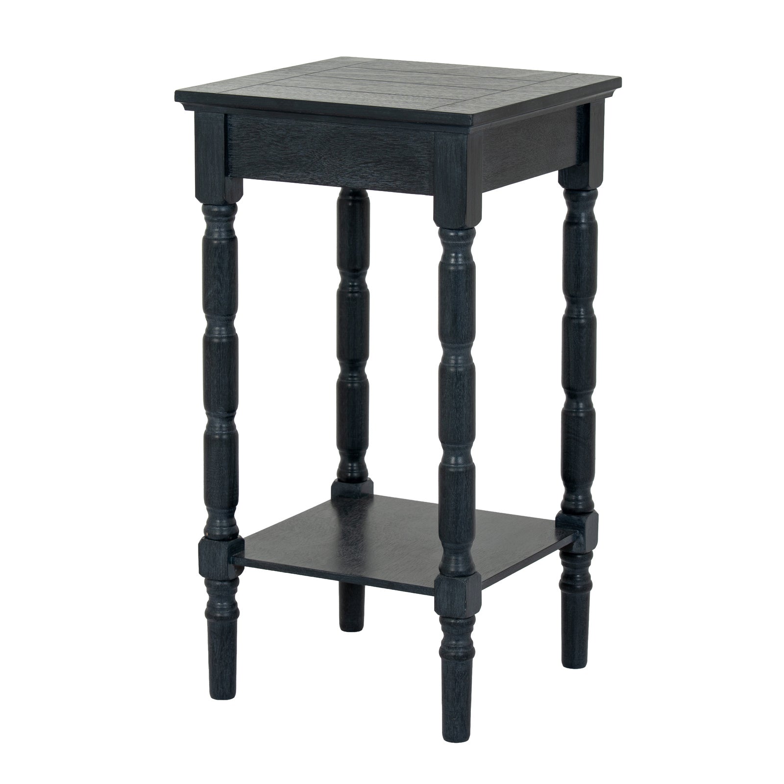 Black wooden side table with two shelves on a white background