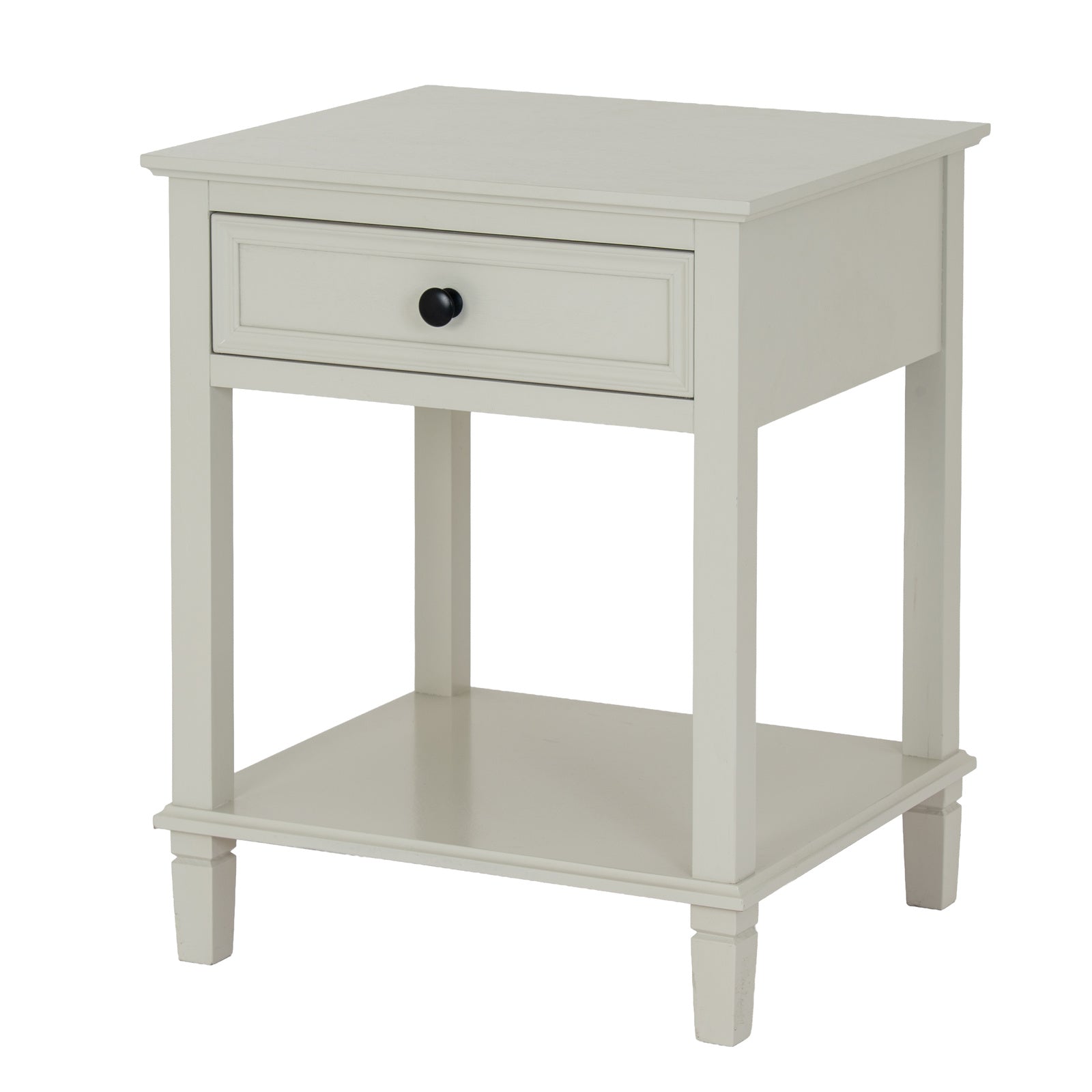 White side table with a drawer and shelf on a white background