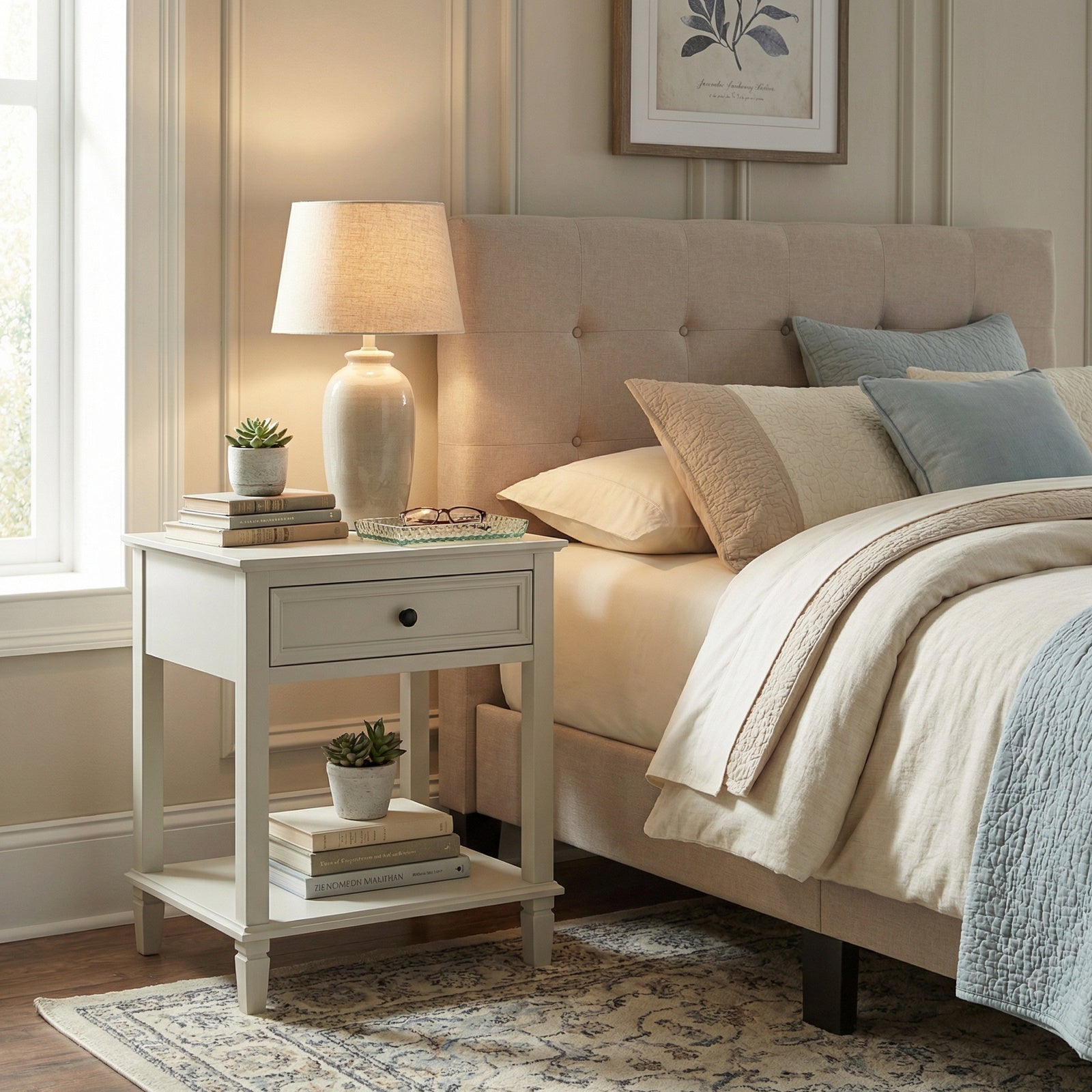 Neatly made bed with beige bedding and a nightstand with lamp and decor items.
