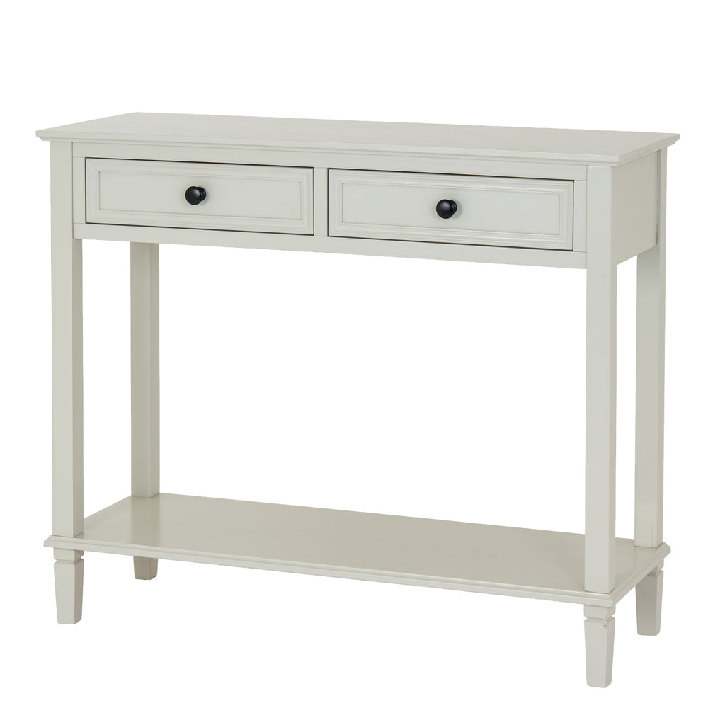 White console table with two drawers and an open shelf on a white background