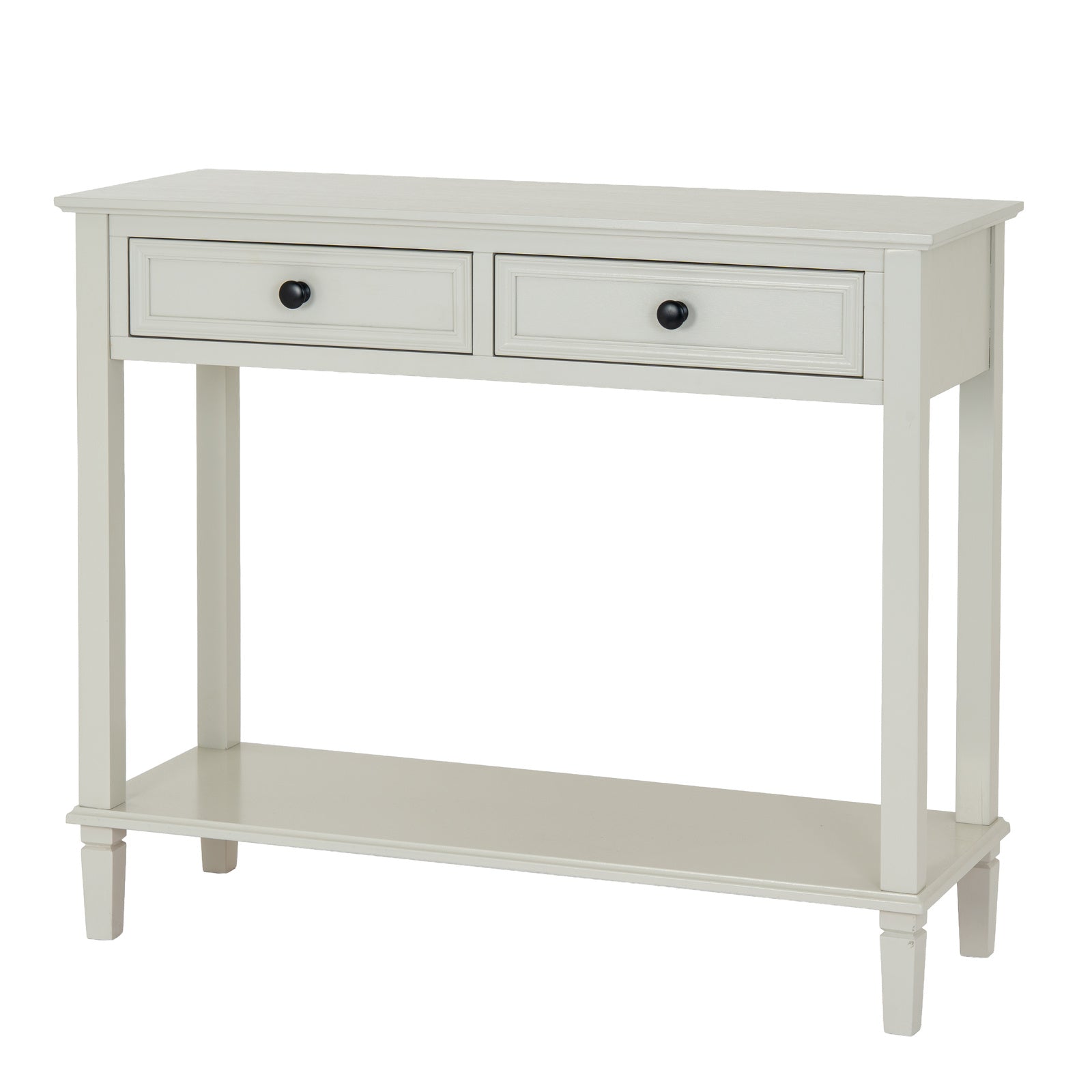 White console table with two drawers and an open shelf on a white background