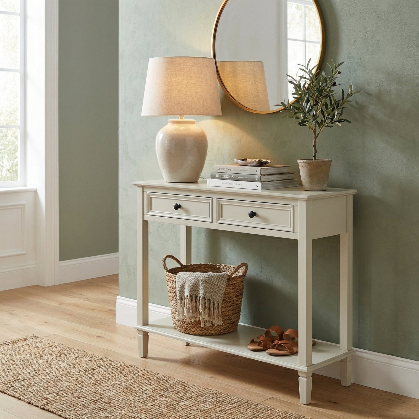 White console table with lamp, books, plant, and basket against a green wall.