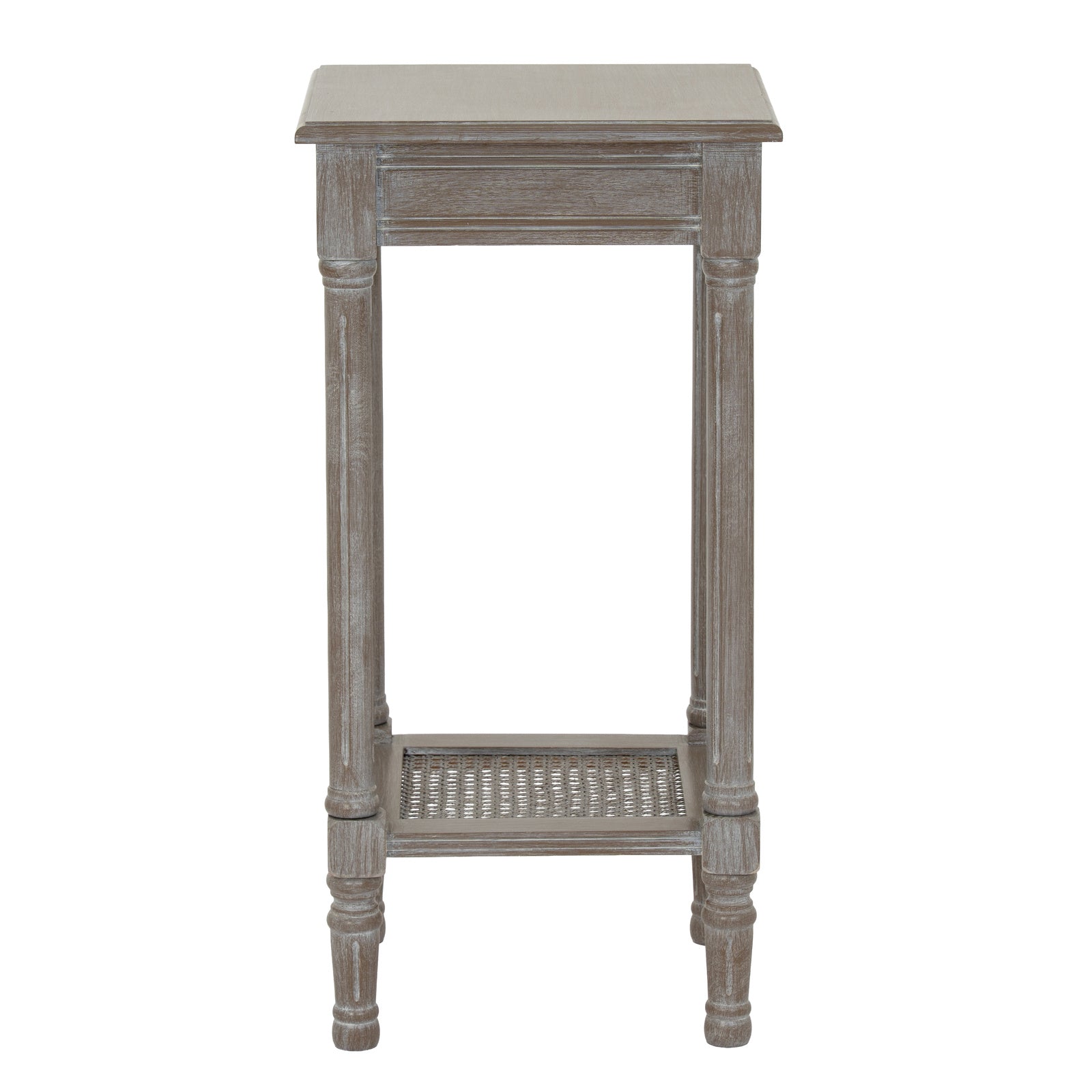 Wooden side table with a wicker shelf on a white background
