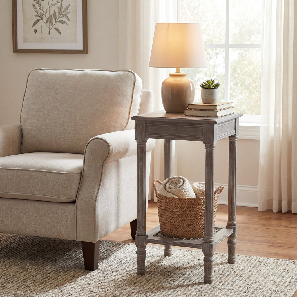 Beige armchair next to a wooden side table with a lamp and books in a living room setting.