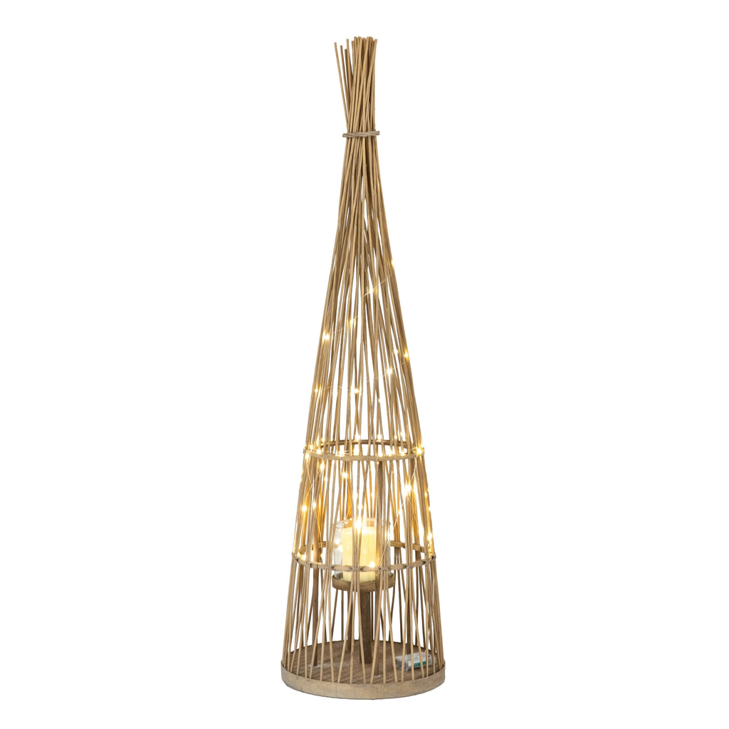 Large Conical Wicker Lantern With Glass Holder & LED Lights