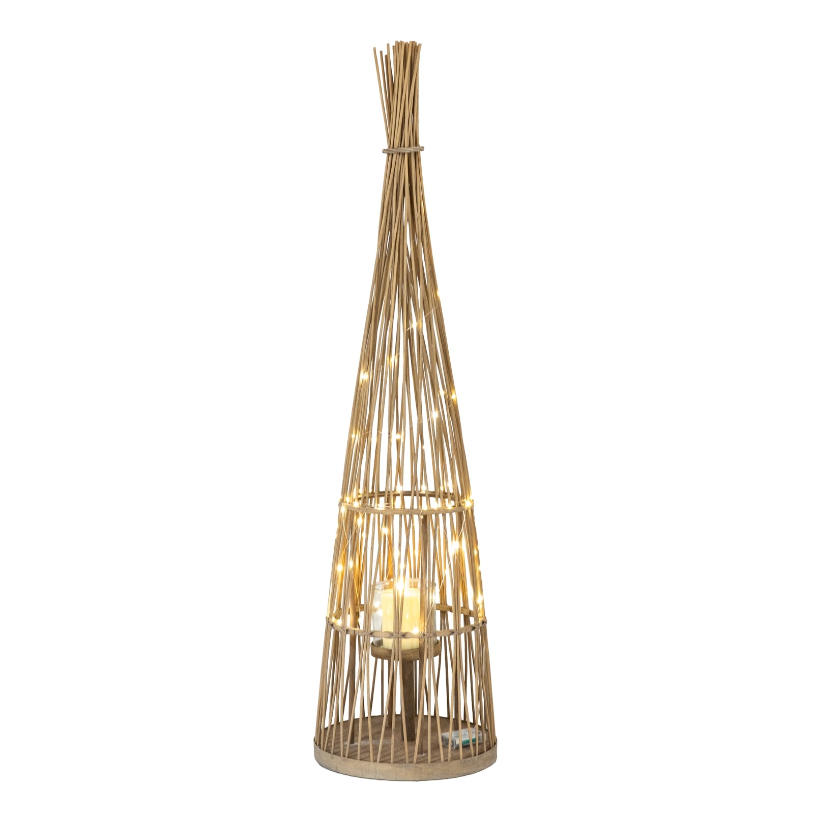 Large Conical Wicker Lantern With Glass Holder & LED Lights