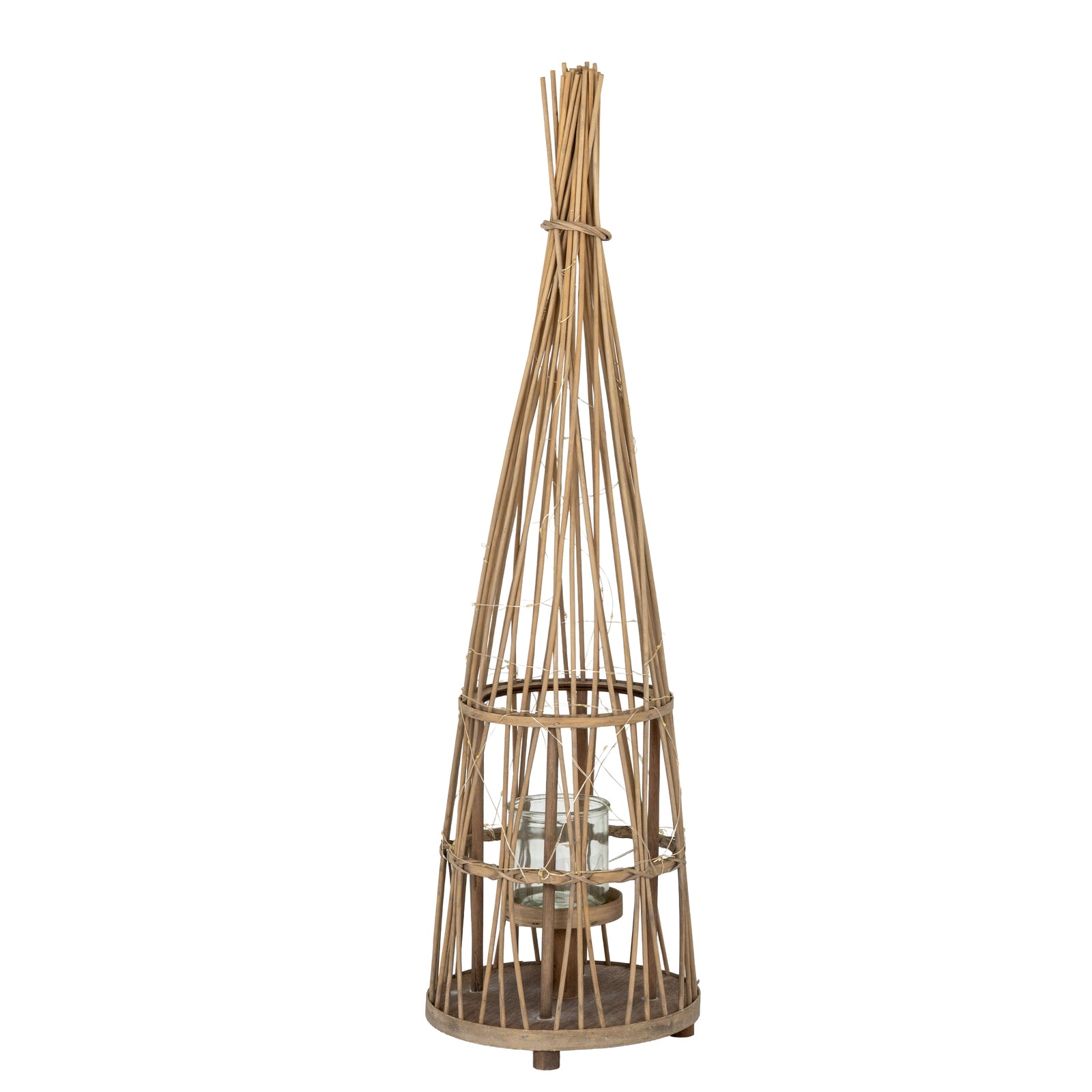 Small Conical Wicker Lantern With Glass Holder & LED Lights