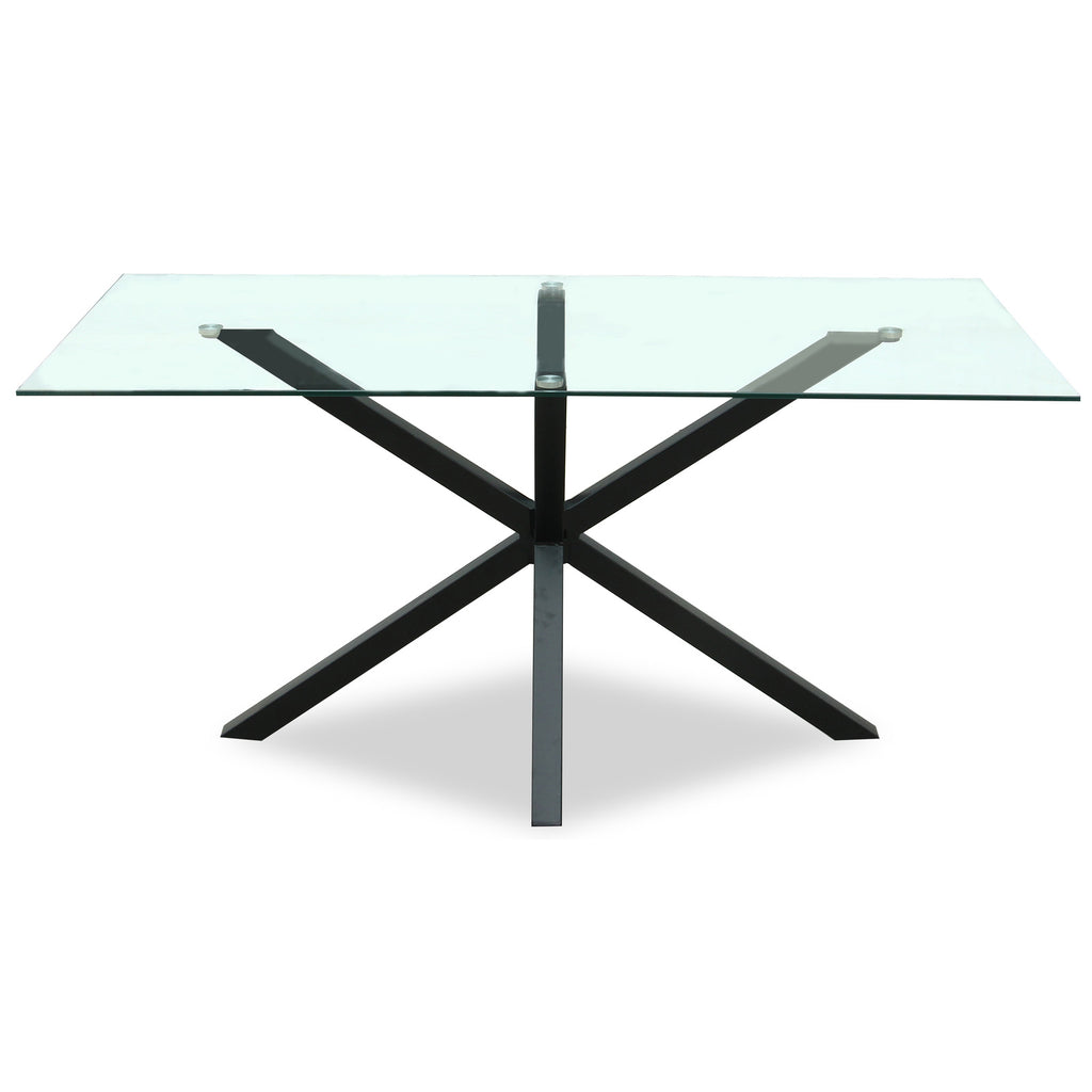 Glass dining table with black metal legs on a white background