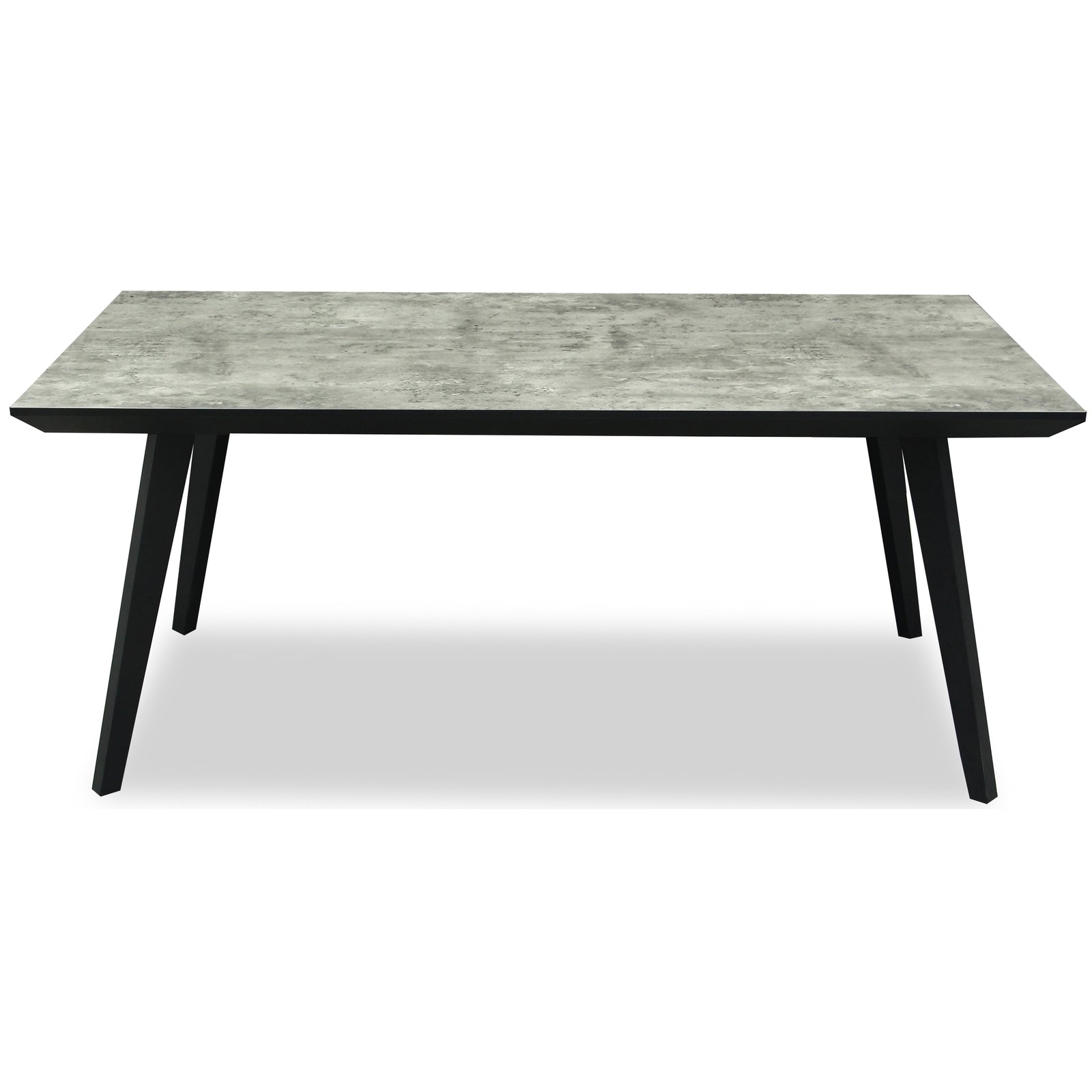 Rectangular table with gray concrete top and black legs on a white background