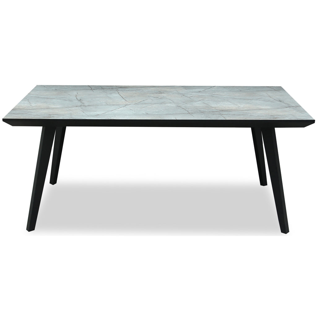 Coffee table with marble-like top and black legs on a white background
