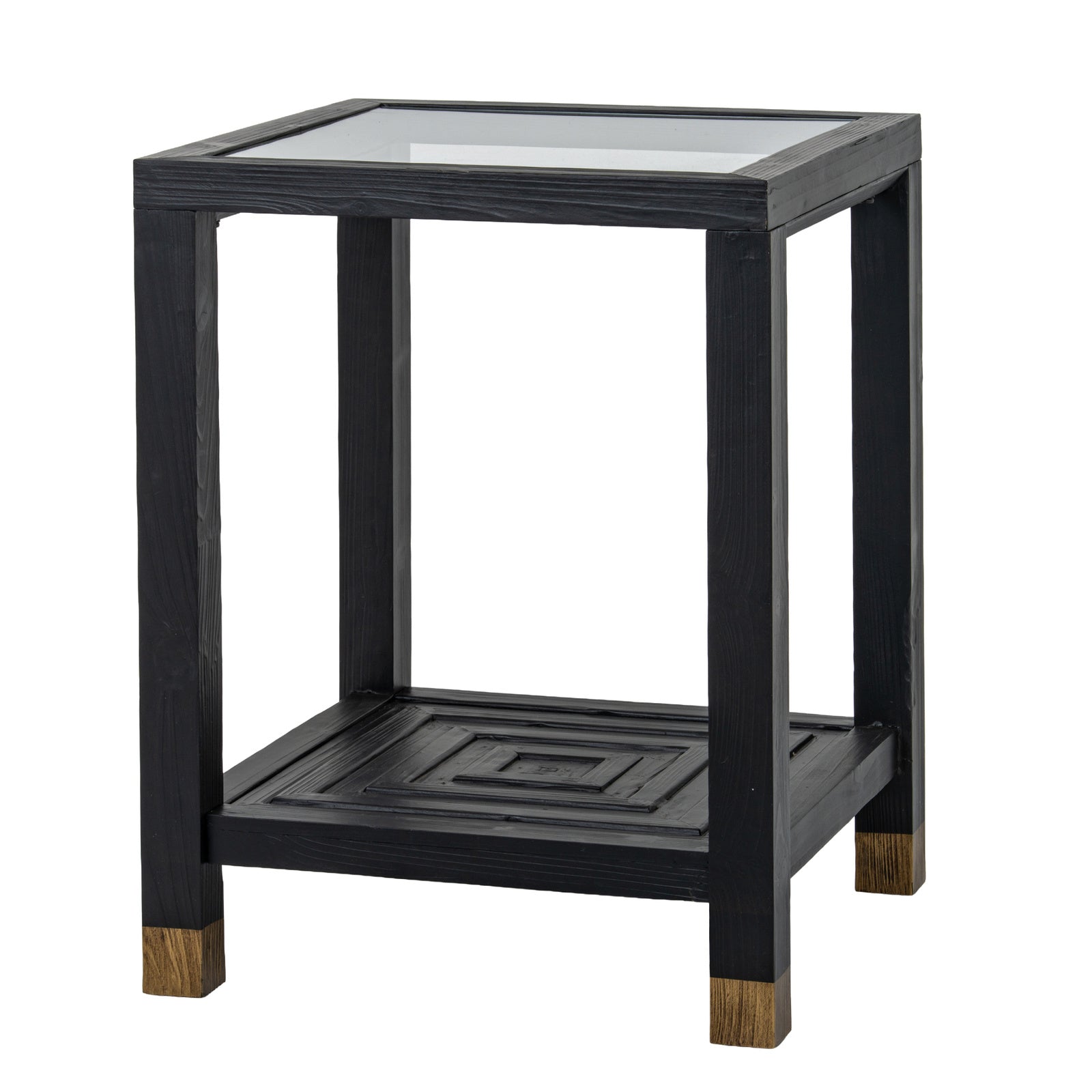 Black side table with a geometric design on a white background