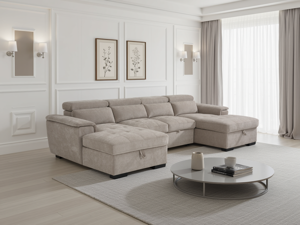Modern living room with a beige sectional sofa, coffee table, and decorative elements.