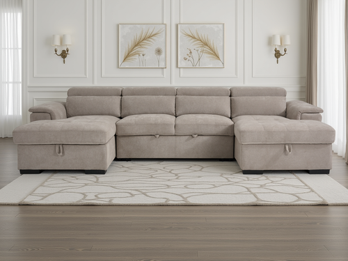 Beige sectional sofa in a living room with decorative wall art and rug.